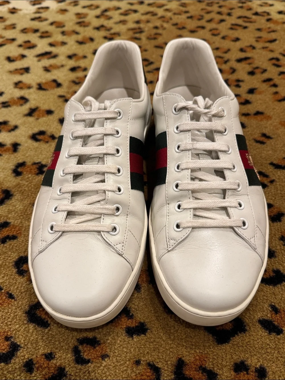 Gucci White Leather Sneakers with Red & Green Web and Gold Bee